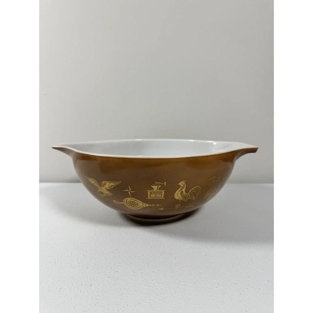 Vintage Pyrex 444 Early American Cinderella Mixing Bowl 4 Qt Brown Gold Cottage